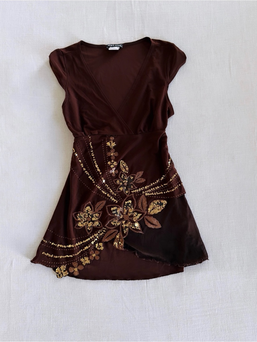 Vintage Y2K Brown Sequin Floral Fairycore
Asymmetrical Top Wet Seal